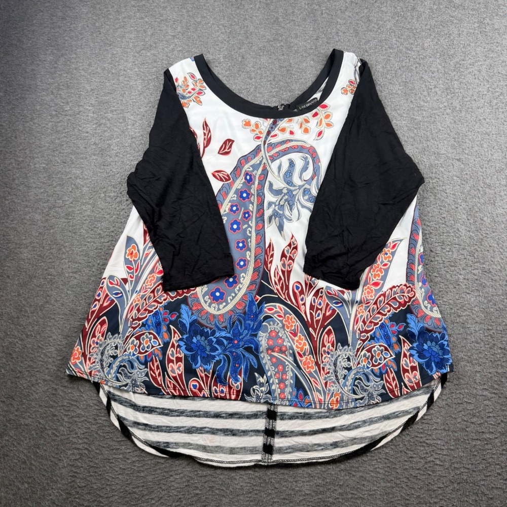 Lane Bryant Paisley Striped Mixed Media Zip Back Top Black Multi 18/20